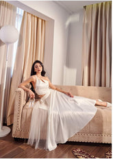 Asymmetrical Organza and Silk Midi Dress with Sheer Overlay and Sculpted Waist Detail
